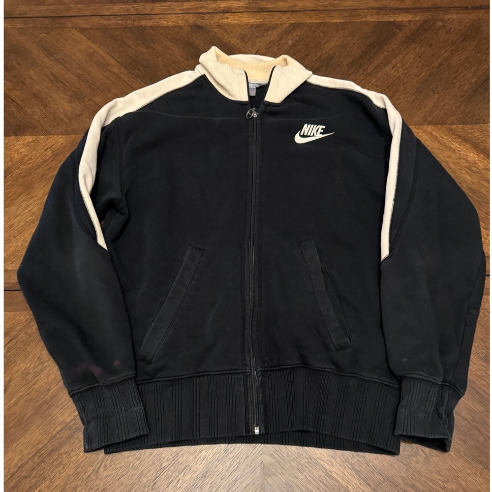 Nike Vintage Full Zip Track Jacket Black Cream Mens Large Fleece Lined RN56323